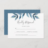紺色の水色葉のRSVPカード 出欠カード (正面/裏面)