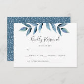 紺色の水色葉のRSVPカード 出欠カード (正面/裏面)