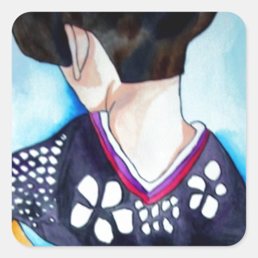 紺色の着物を着たオリジナル絵画芸者 スクエアシール (正面)