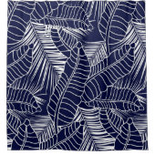 紺色の背景に見える熱帯の葉の模様 シャワーカーテン (正面)