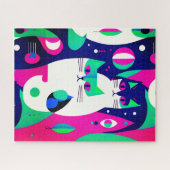 紺色モダンに描かれた世紀中頃の猫 ジグソーパズル (横)