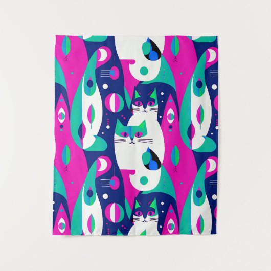 紺色モダンに描かれた世紀中頃の猫 タペストリー (正面)