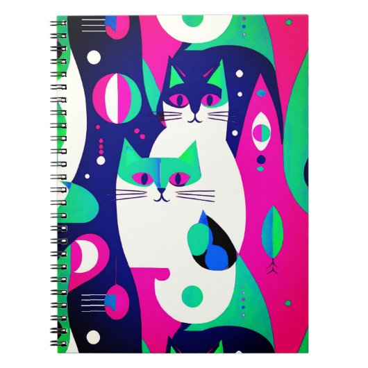 紺色モダンに描かれた世紀中頃の猫 ノートブック (正面)