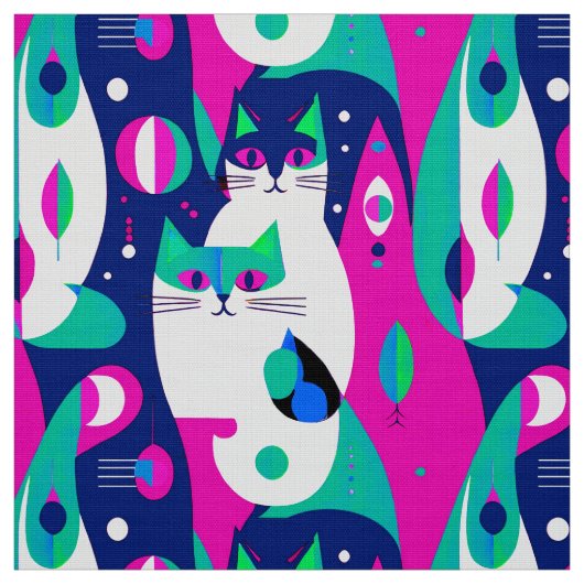 紺色モダンに描かれた世紀中頃の猫 ファブリック (見本)