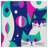 紺色モダンに描かれた世紀中頃の猫 ファブリック (クローズアップ)