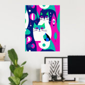 紺色モダンに描かれた世紀中頃の猫 ポスター (ホームオフィス)