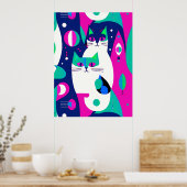 紺色モダンに描かれた世紀中頃の猫 ポスター (キッチン)