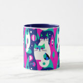 紺色モダンに描かれた世紀中頃の猫 マグカップ (中央)