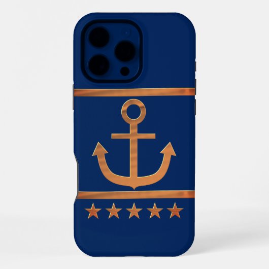 紺青の背景の金色の錨 iPhoneケース (裏面)