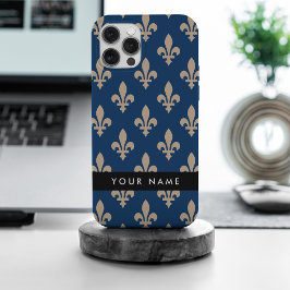 紺青地にベージュのフルールドリス、ロイヤル、あなたの名前 iPhone 15 PRO MAXケース