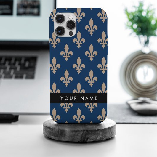 紺青地にベージュのフルールドリス、ロイヤル、あなたの名前 Case-Mate iPhoneケース