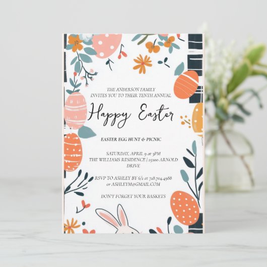 終シンプル卵エレガント及びフローラハッピーイースター 招待状 (スタンド正面)