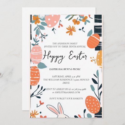 終シンプル卵エレガント及びフローラハッピーイースター 招待状 (正面/裏面)