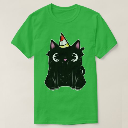 終末のパーティー帽子付き黒猫 Tシャツ (デザイン正面)