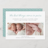 組の青いハートとの対の男の子の誕生の発表 案内状 (正面/裏面)