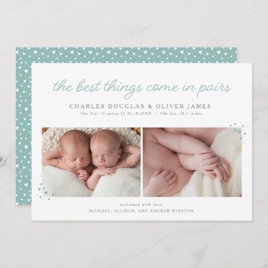 組の青いハートとの対の男の子の誕生の発表 案内状 (正面/裏面)