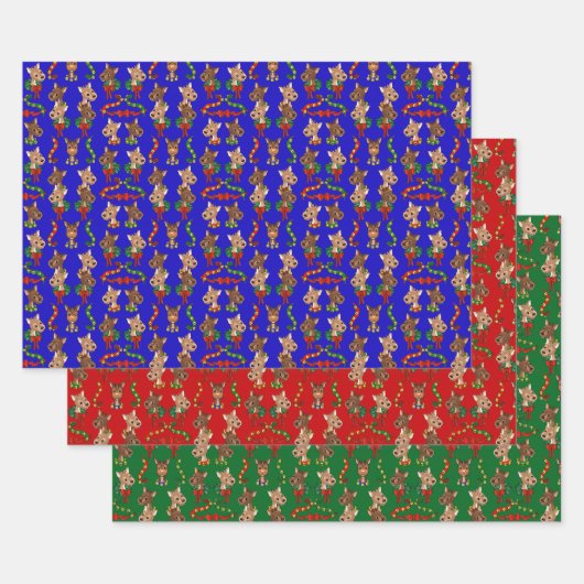 組み合わせカラートナカイとベルとリース ラッピングペーパーシート (セット)