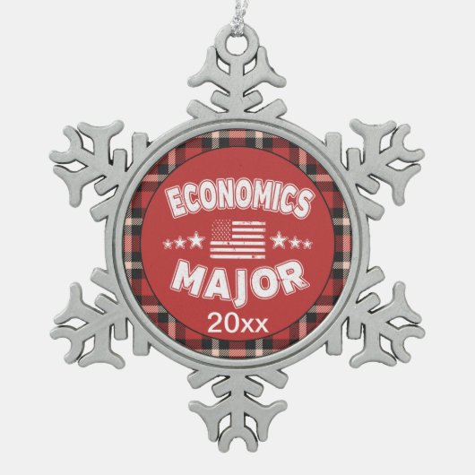 経済学学生USA国旗の赤い格子縞 スノーフレークピューターオーナメント (正面)