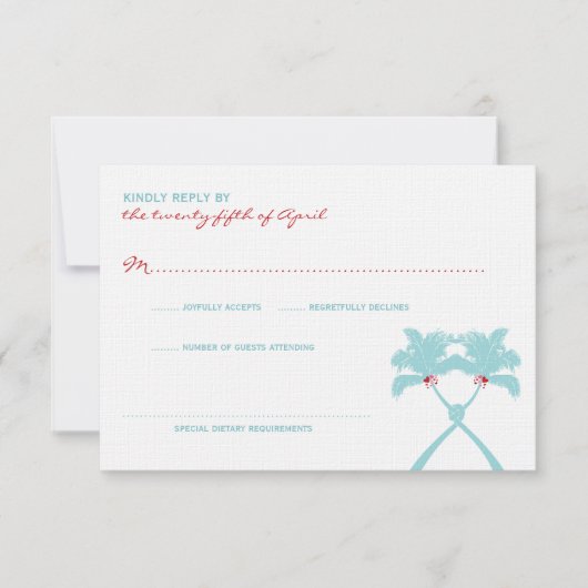 結ばれたヤシの木のハートの熱帯ビーチ結婚式 出欠カード (正面)