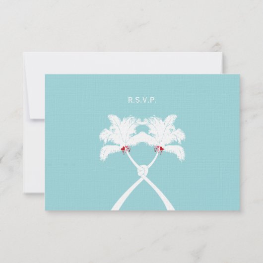 結ばれたヤシの木のハートの熱帯ビーチ結婚式 出欠カード (裏面)