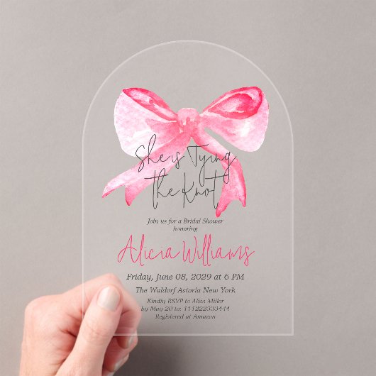 結びエレガント目ピンクボウブライダルシャワー アクリル招待状 (インサイチュ (ポータブル))