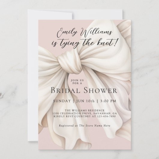 結びエレガント目ホワイトボウブライダルシャワー 招待状 (正面)