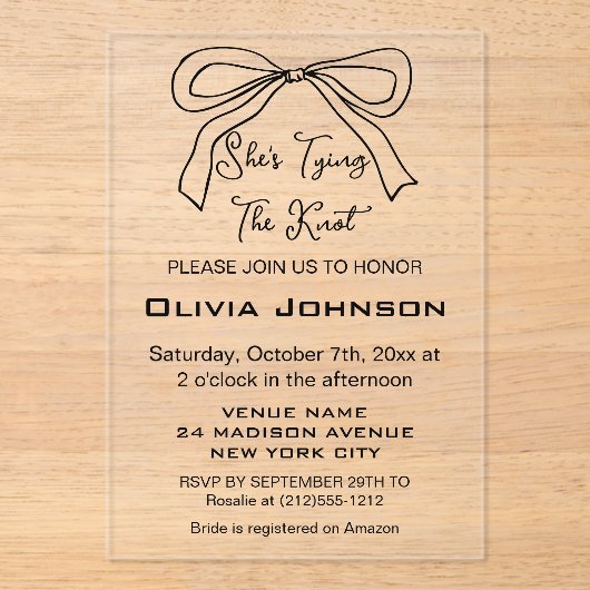 結びモダン目ブラックボウブライダルシャワー アクリル招待状 (正面)