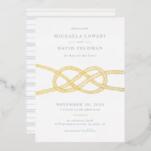 結び図解入りの、写真付きの目結婚式招待状 – 青