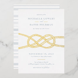 結び図解入りの、写真付きの目結婚式招待状 – 青 箔招待状