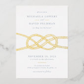 結び図解入りの、写真付きの目結婚式招待状 – 青 箔招待状 (正面)