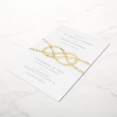 結び図解入りの、写真付きの目結婚式招待状 – 青 箔招待状 (回転した状態)