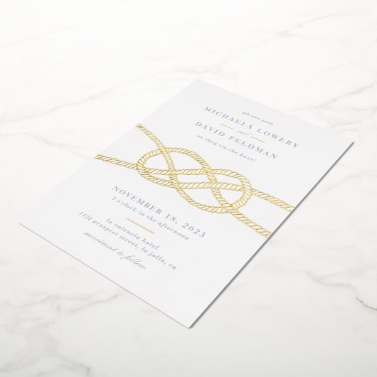 結び図解入りの、写真付きの目結婚式招待状 – 青 箔招待状 (回転した状態)