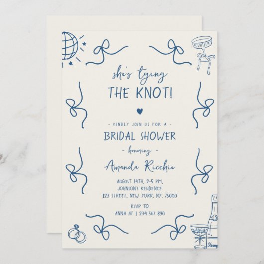 結び手描きおもしろいブライダルシャワー 招待状 (正面/裏面)