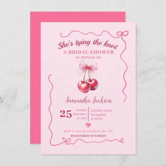 結び目さくらんぼブライダルシャワー手描き弓 招待状 (正面/裏面)