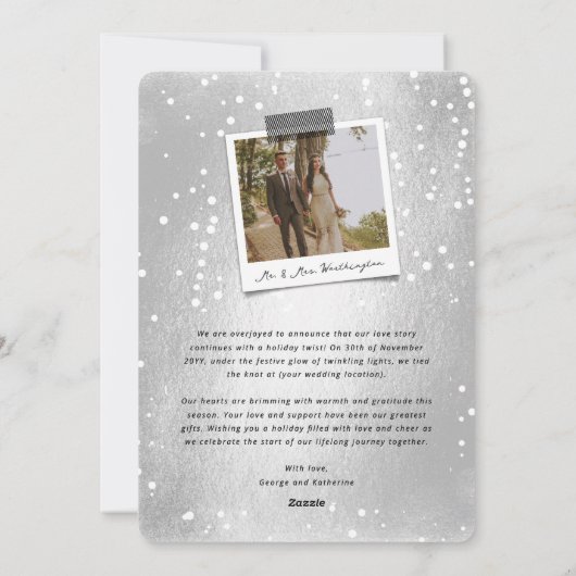 結び目とキラキラの写真の後に楽しく結婚なる シーズンカード (裏面)