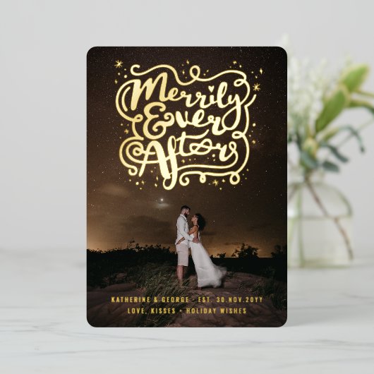 結び目とキラキラの写真の後に楽しく結婚なる 箔シーズンカード (立ち正面)