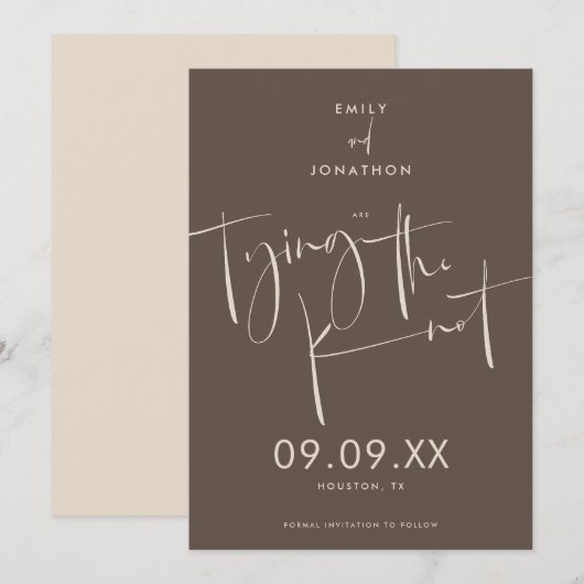 結び目のスクリプトエレガントのクリームブラウン セーブザデート (正面/裏面)