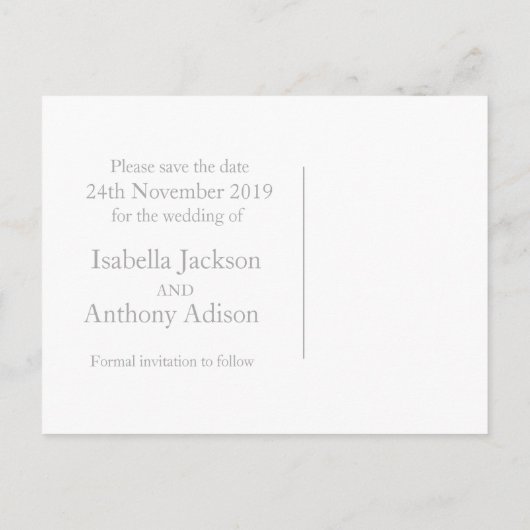 結び目のハート結婚式の日付のグレーを保存 案内ポストカード (裏面)