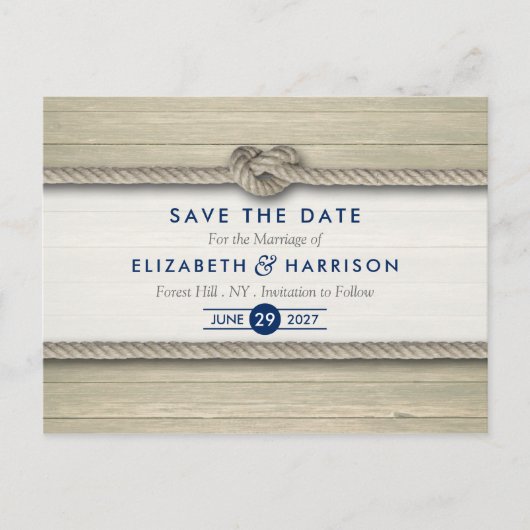結び目のビーチ結婚式素朴日付の保存 案内ポストカード (正面)