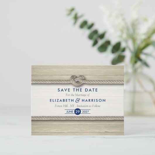 結び目のビーチ結婚式素朴日付の保存 案内ポストカード (スタンド正面)