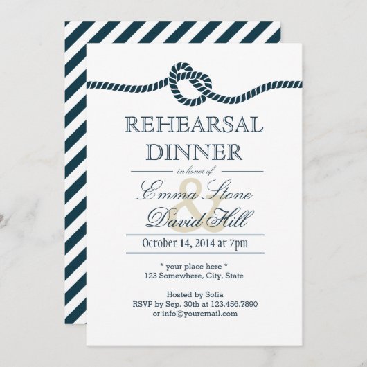 結び目のリハーサルの夕食を結ぶ濃紺 招待状 (正面/裏面)