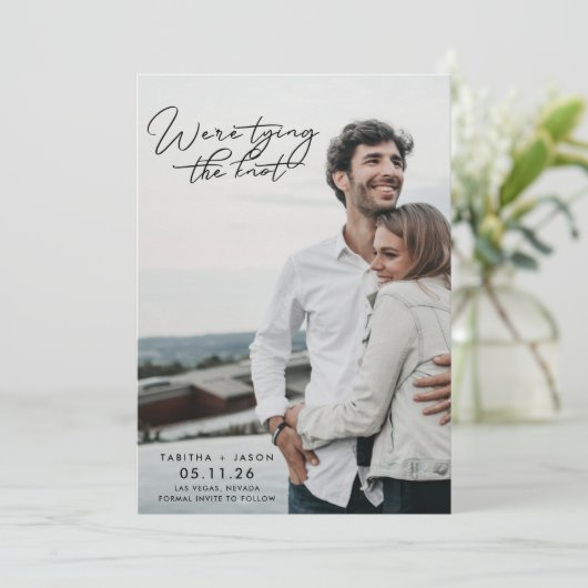 結び目の写真の結婚式の日付を保存 招待状 (スタンド正面)