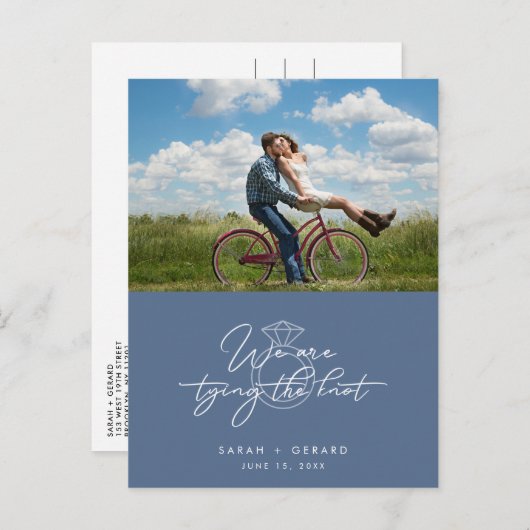 結び目の写真結婚の予算の日付の保存 案内ポストカード (正面/裏面)