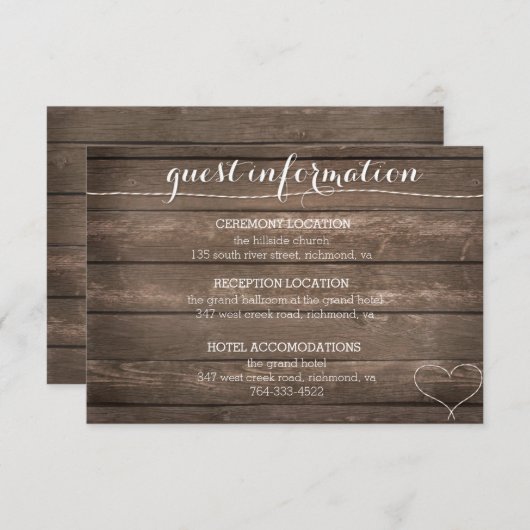 結び目の素朴な木製の結婚式の情報カードを結んで下さい エンクロージャーカード (正面/裏面)