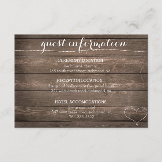 結び目の素朴な木製の結婚式の情報カードを結んで下さい エンクロージャーカード (正面)