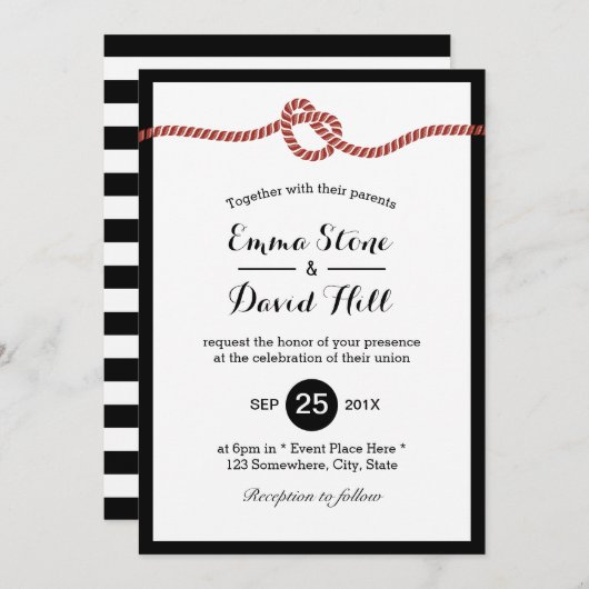 結び目の赤いロープのハートシンプルの結婚 招待状 (正面/裏面)