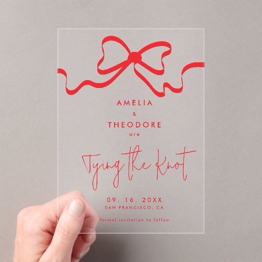 結び目の赤い弓の日付を保存結婚する アクリル招待状 (インサイチュ (ポータブル))