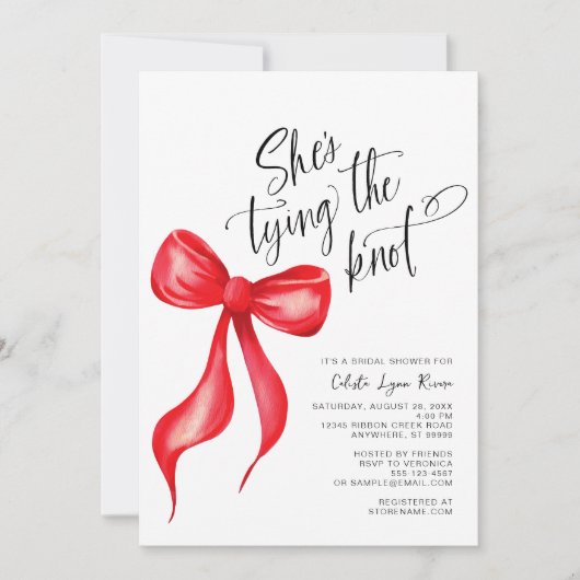 結び目の赤い弓ブライダルシャワー 招待状 (正面)