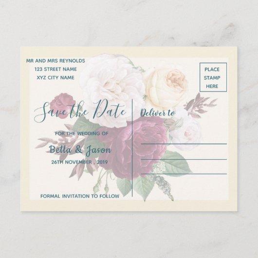 結び目を結ぶブルゴーニュフローラ日付を保存 インビテーションポストカード (裏面)