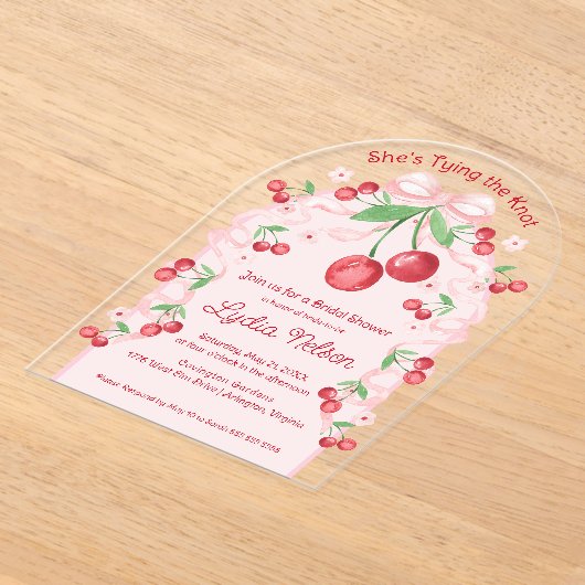 結び目コケットさくらんぼブライダル アクリル招待状 (レイダウン)